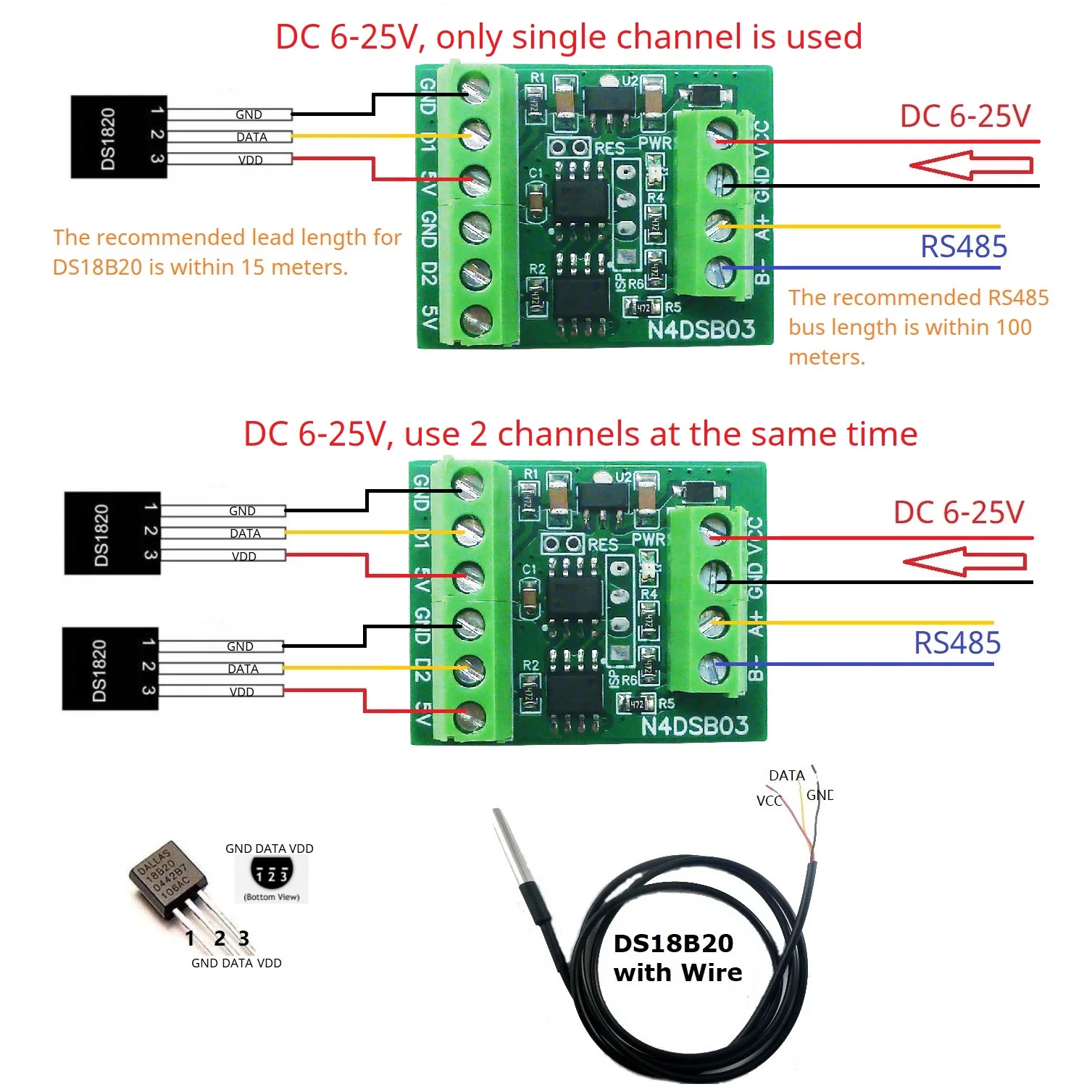 Ds18B20 Temperature Sensor - -55 bis +125C DS18B20 Sensor 1-2CH