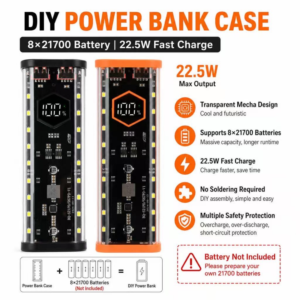 Diy Electronics Hobby - 8*21700 Batteriegehäuse 22,5W Schnellladung DIY Batterie-Aufbewahrungsbox